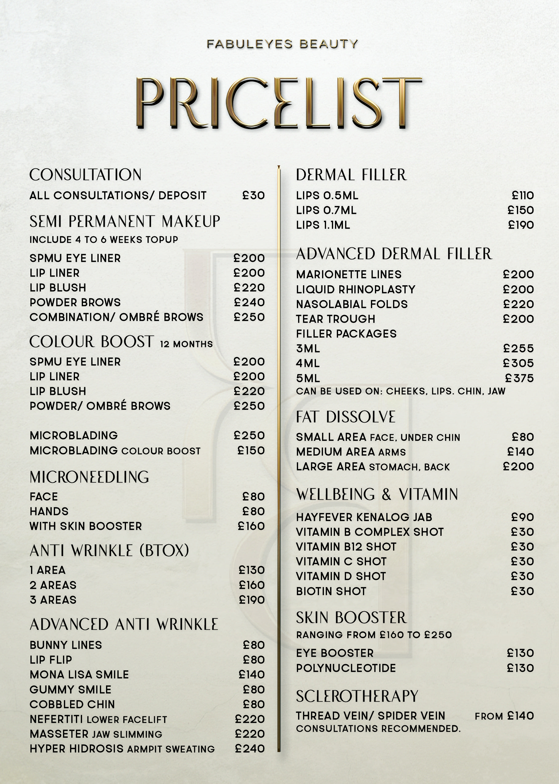 Pricing list
